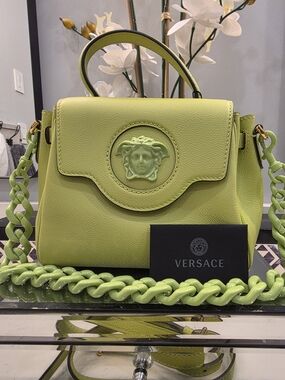 Versace Lime Green Leather Top-Handle Bag with Chain Strap